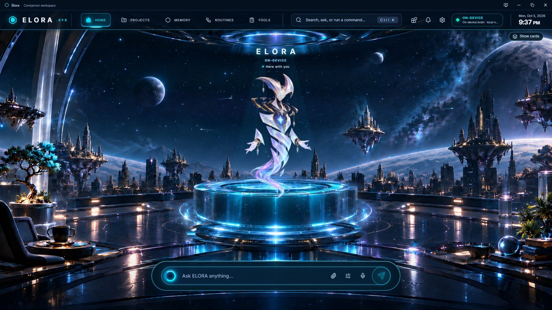 Elora's companion workspace on Windows: a holographic Elora floats above a glowing platform in a night-sky city, with an “Ask ELORA anything” bar at the bottom.